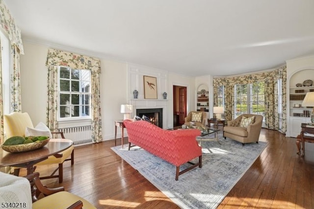 living area with dark wood-type flooring, a warm lit fireplace, and radiator heating unit