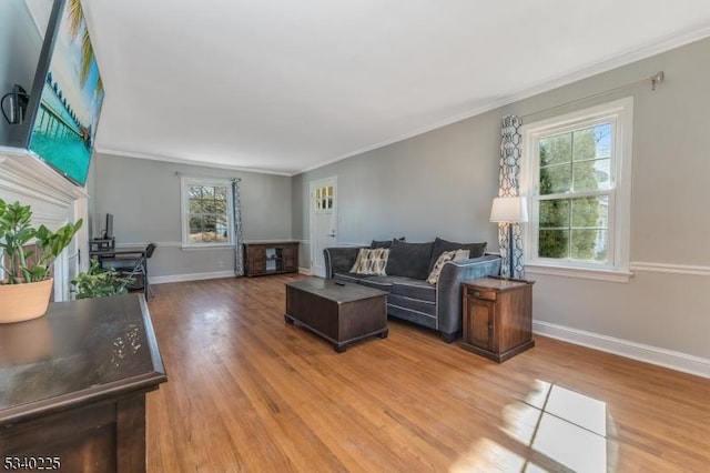 living area with ornamental molding, baseboards, and light wood finished floors