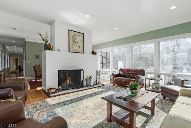 living room with a fireplace, baseboards, wood finished floors, and recessed lighting