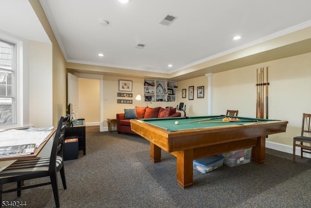 game room with carpet floors, recessed lighting, visible vents, ornamental molding, and baseboards