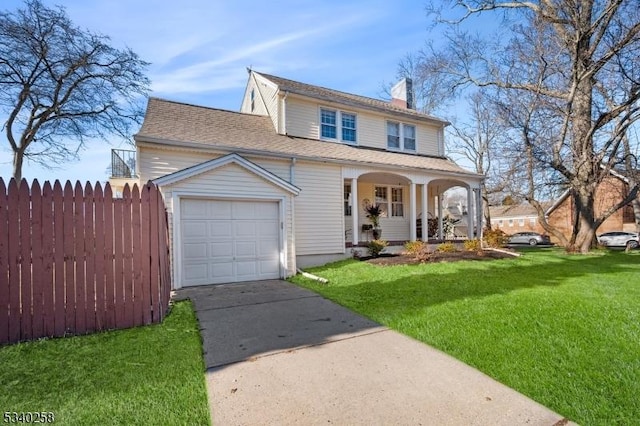 view of front of home with fence, an attached garage, covered porch, concrete driveway, and a front lawn