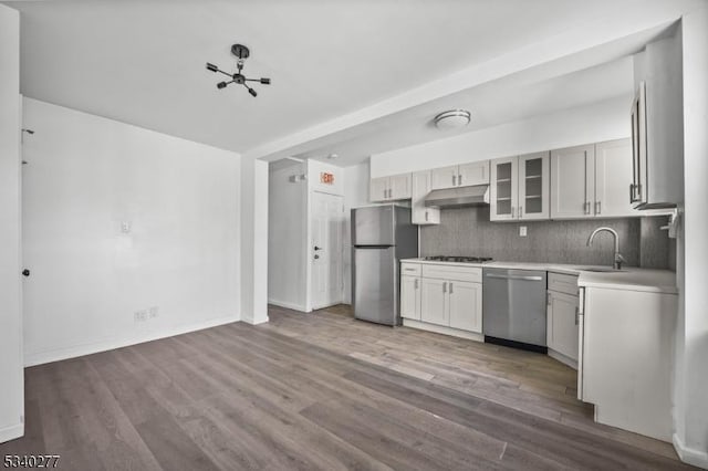 kitchen featuring stainless steel appliances, tasteful backsplash, under cabinet range hood, and wood finished floors