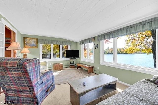 living area featuring carpet, lofted ceiling, a baseboard radiator, baseboard heating, and baseboards