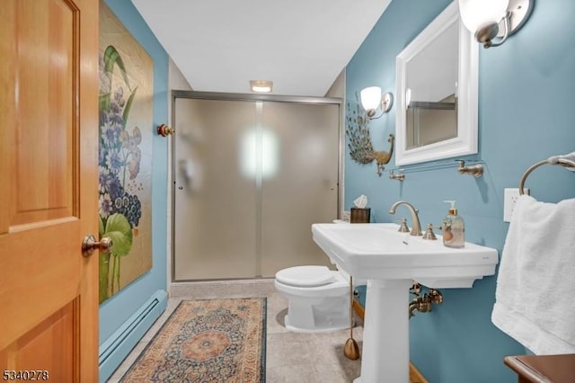 bathroom featuring a stall shower, a baseboard radiator, toilet, and tile patterned floors