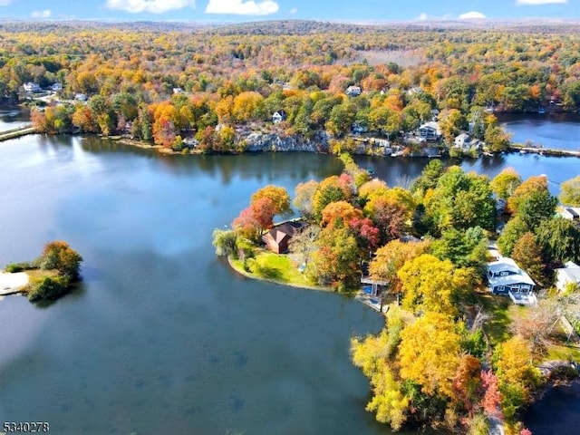 aerial view featuring a forest view and a water view