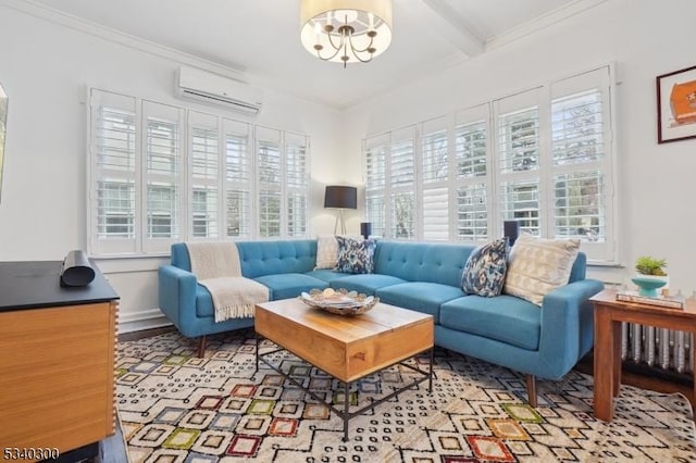 living room featuring an AC wall unit, beamed ceiling, an inviting chandelier, and crown molding