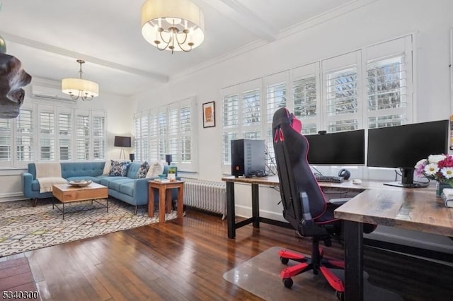 office featuring radiator heating unit, ornamental molding, wood finished floors, an inviting chandelier, and beam ceiling