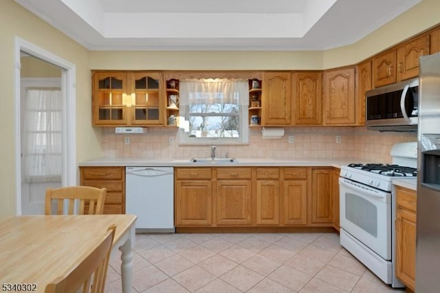 kitchen featuring a raised ceiling, light countertops, and stainless steel appliances