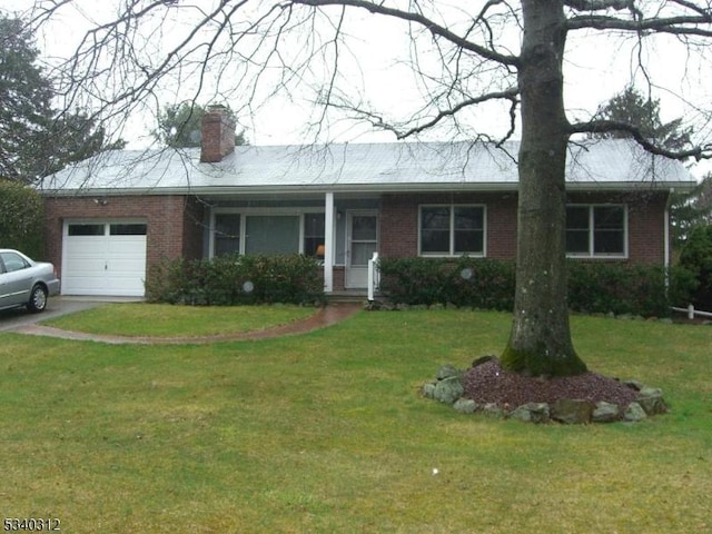 4 Deer Path, Clinton Twp, NJ 08833 - ranch-style home with a garage, brick siding, a chimney, and a front lawn