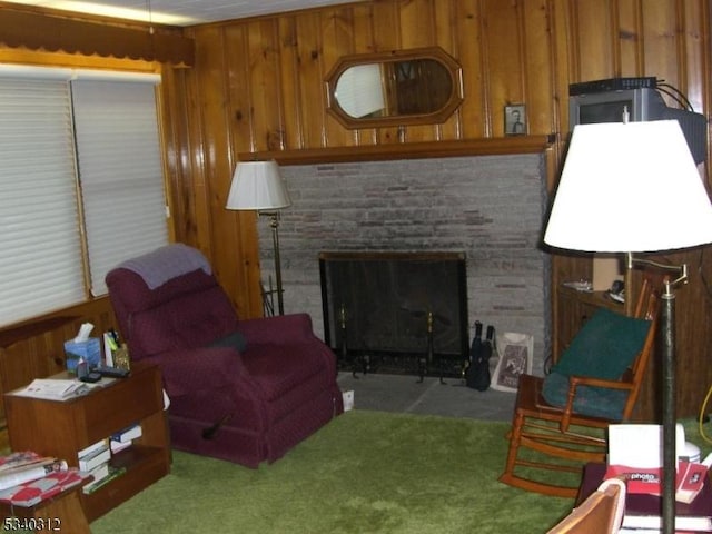 4 Deer Path, Clinton Twp, NJ 08833 - carpeted living area with wood walls and a fireplace with flush hearth