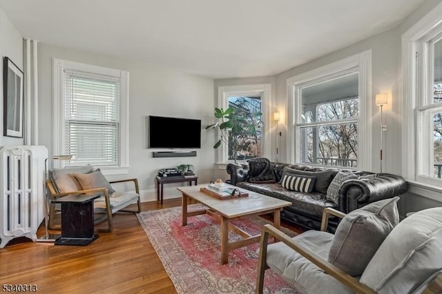 living area featuring radiator, wood finished floors, and baseboards