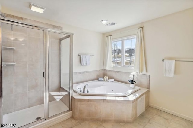 full bath with tile patterned flooring, a garden tub, visible vents, and a shower stall