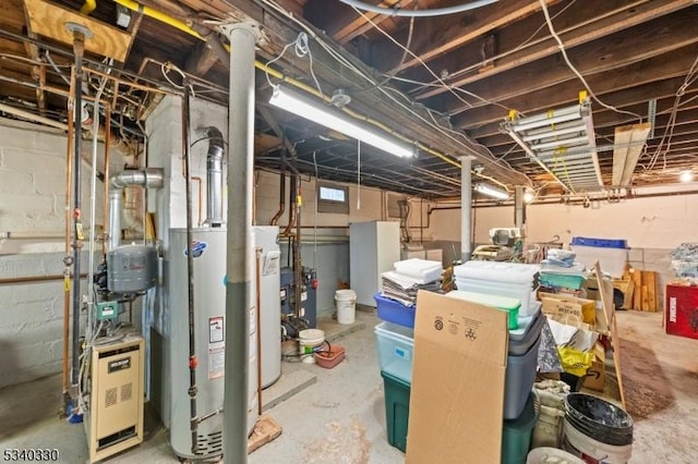 unfinished basement with water heater and a heating unit