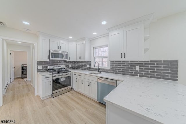 kitchen with appliances with stainless steel finishes, white cabinets, a sink, and open shelves