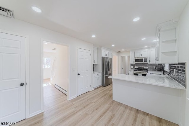 kitchen featuring visible vents, appliances with stainless steel finishes, a peninsula, white cabinetry, and open shelves