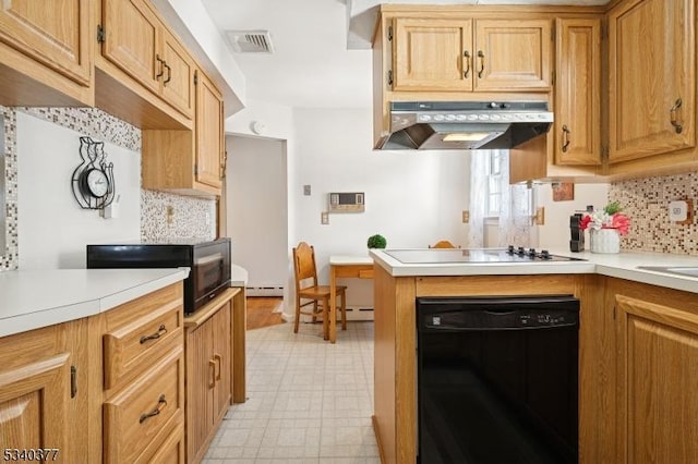 kitchen featuring black appliances, under cabinet range hood, visible vents, and light countertops