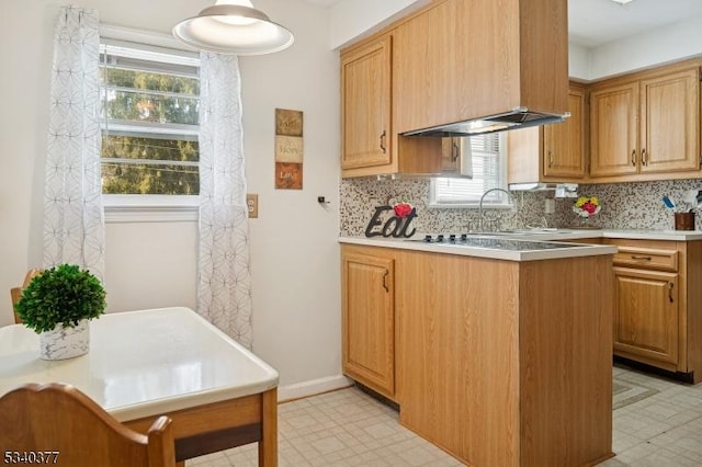 kitchen with light floors, light countertops, decorative backsplash, a sink, and baseboards