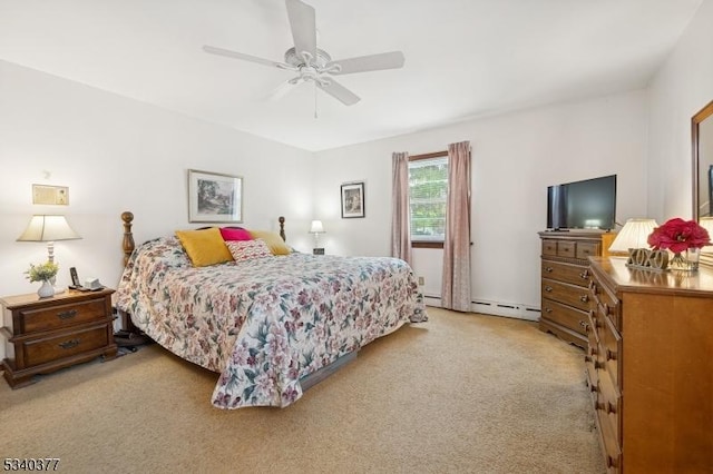 bedroom featuring light carpet, a baseboard radiator, and a ceiling fan