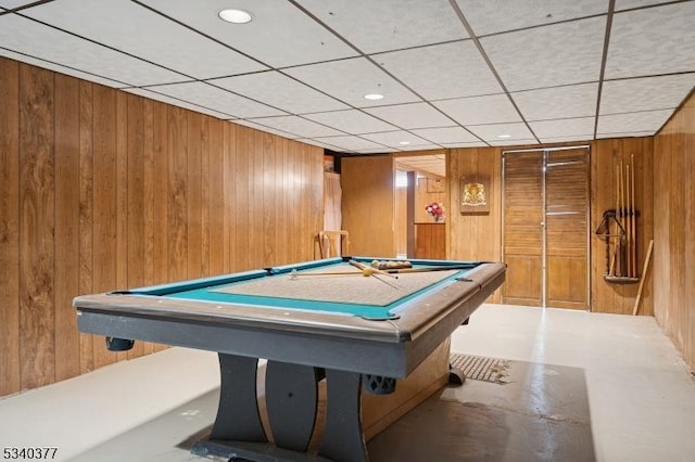 game room with pool table, recessed lighting, and wooden walls