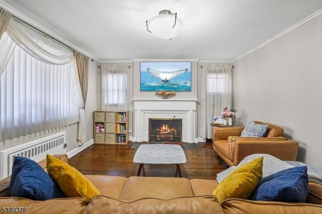 living area featuring baseboards, dark wood finished floors, radiator heating unit, a fireplace with flush hearth, and crown molding