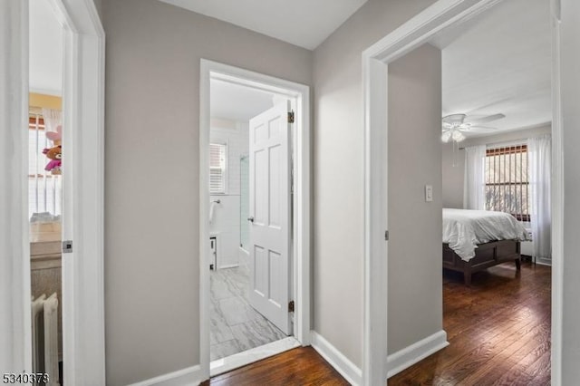 corridor featuring baseboards and dark wood-type flooring