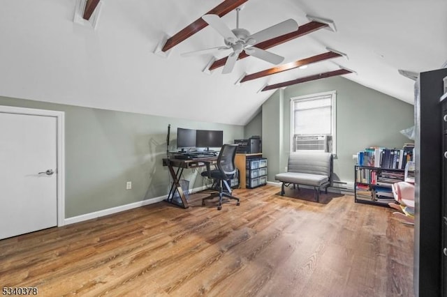 office area featuring lofted ceiling with beams, ceiling fan, cooling unit, wood finished floors, and baseboards