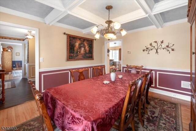 dining room with coffered ceiling, a wainscoted wall, wood finished floors, beamed ceiling, and crown molding