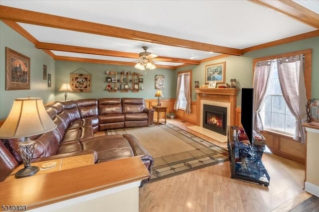 living area featuring a fireplace with flush hearth, ceiling fan, ornamental molding, beamed ceiling, and wood finished floors