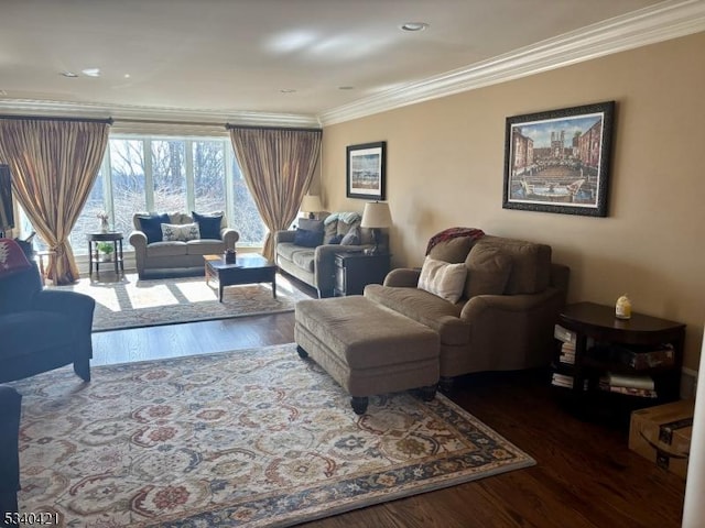 living area featuring crown molding and wood finished floors