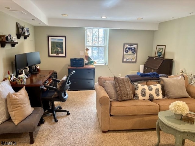 home office featuring light carpet and recessed lighting