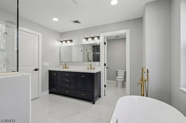 bathroom featuring double vanity, visible vents, marble finish floor, a shower stall, and a sink