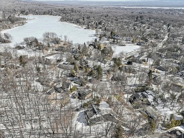 drone / aerial view with a water view and a forest view