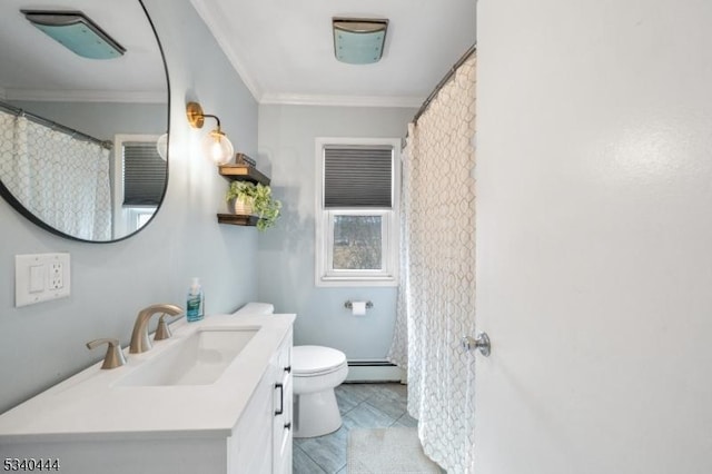 full bathroom featuring toilet, a baseboard radiator, crown molding, and vanity