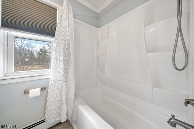 full bath with ornamental molding, a baseboard radiator, and shower / bathtub combination with curtain