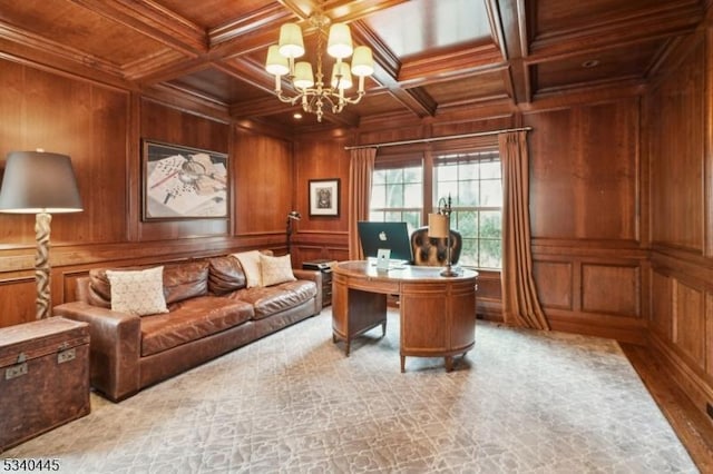 home office featuring beamed ceiling, coffered ceiling, wooden ceiling, and wooden walls