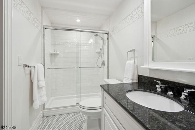 full bath with vanity, toilet, and a shower stall