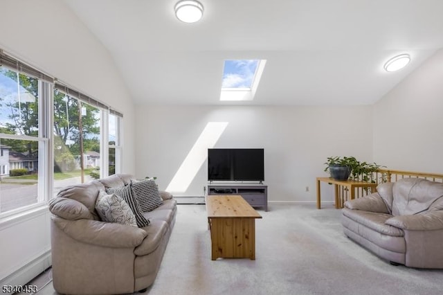 living area with lofted ceiling with skylight, baseboards, light colored carpet, and baseboard heating