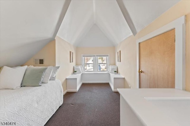 bedroom with lofted ceiling, baseboards, visible vents, and dark carpet