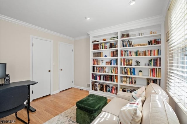 home office featuring ornamental molding, wood finished floors, and recessed lighting