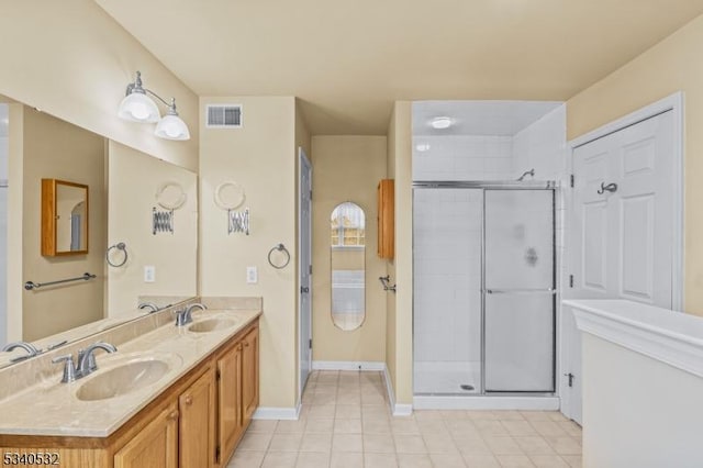 bathroom featuring double vanity, a stall shower, a sink, and visible vents