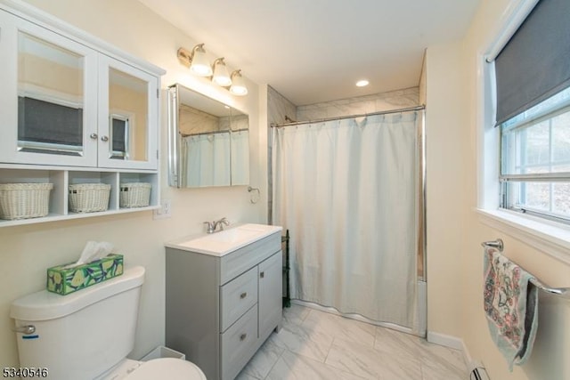 full bathroom featuring toilet, marble finish floor, baseboard heating, vanity, and recessed lighting