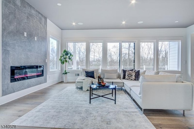 living room featuring recessed lighting, a fireplace, and wood finished floors