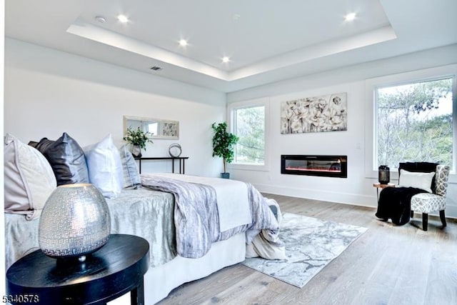 bedroom with a tray ceiling, multiple windows, a glass covered fireplace, and wood finished floors