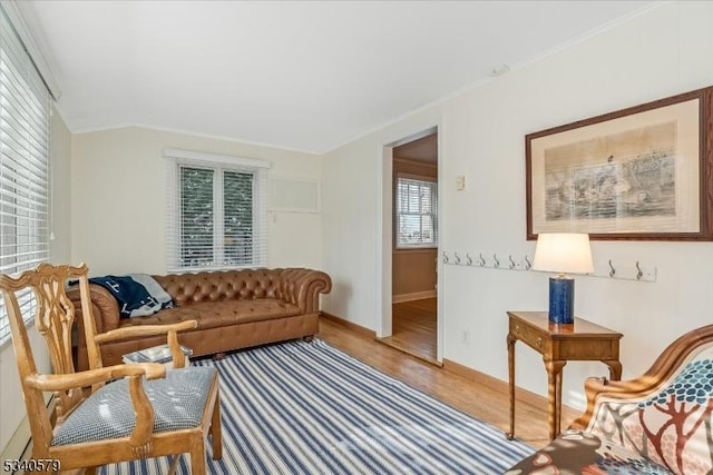 living area with ornamental molding, vaulted ceiling, and wood finished floors