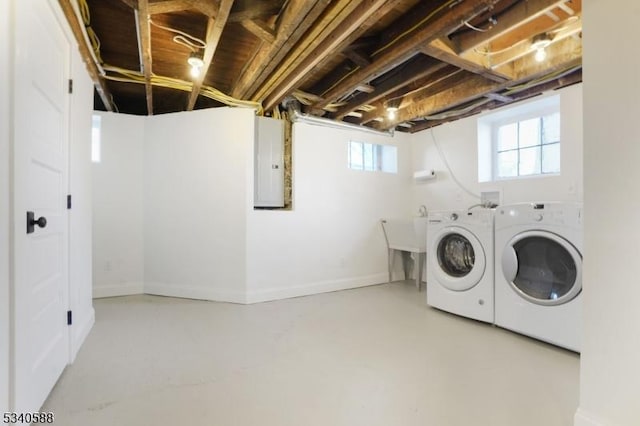 laundry area featuring laundry area, independent washer and dryer, electric panel, and baseboards