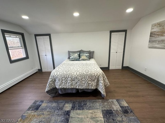 bedroom featuring recessed lighting, baseboards, wood finished floors, and vaulted ceiling