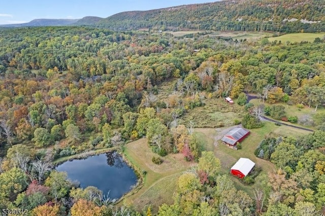 aerial view featuring a water view and a forest view