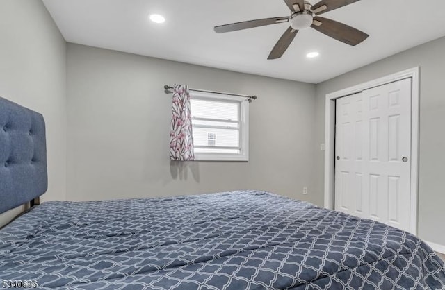 bedroom featuring a ceiling fan and recessed lighting