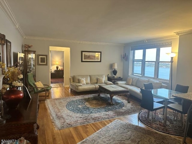 living area featuring ornamental molding and wood finished floors