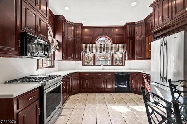 kitchen with light countertops, plenty of natural light, a sink, and black appliances